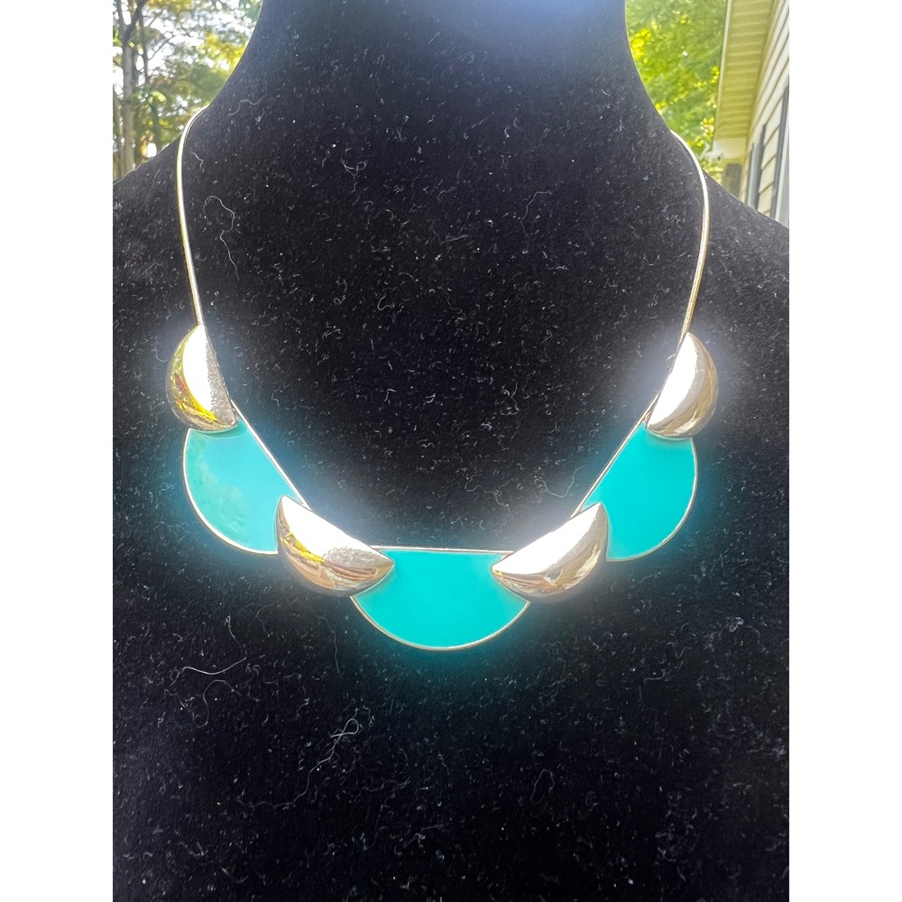 Gold Tone Aqua Enamel Statement Necklace Mid Century Modern Geometric‎ Collar